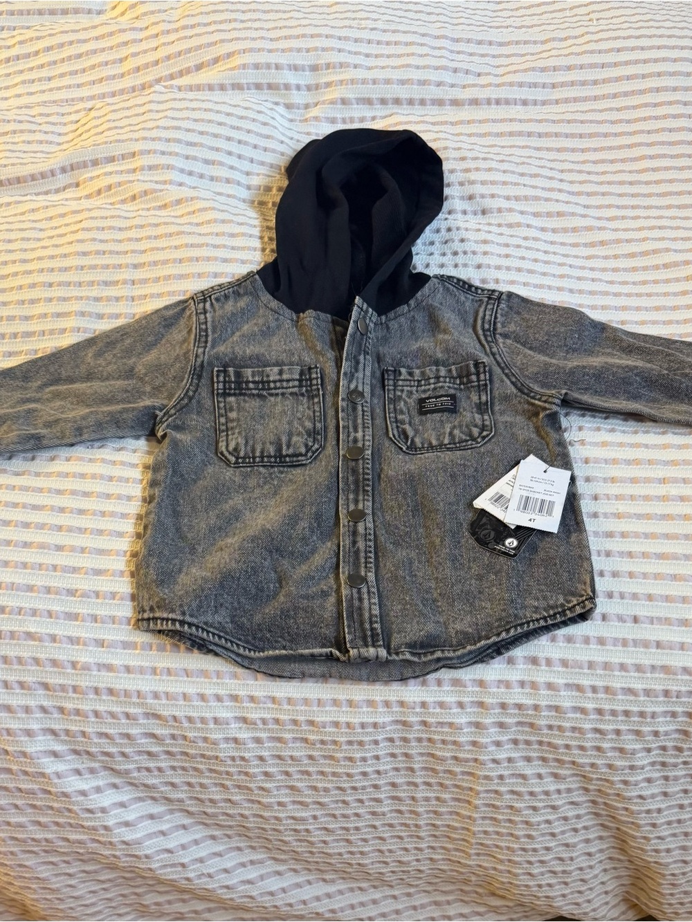 Volcom Kids Hooded Jean Jacket in Gray Wash with Black Hood